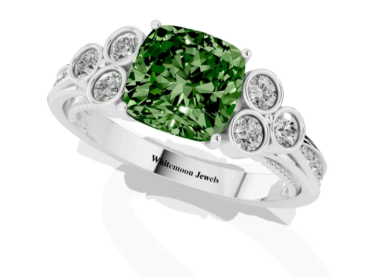 Fancy Green Cushion Cut Cut Diamond Engagement Ring with Bezel Set Round Side Stones and Prong Setting White gold