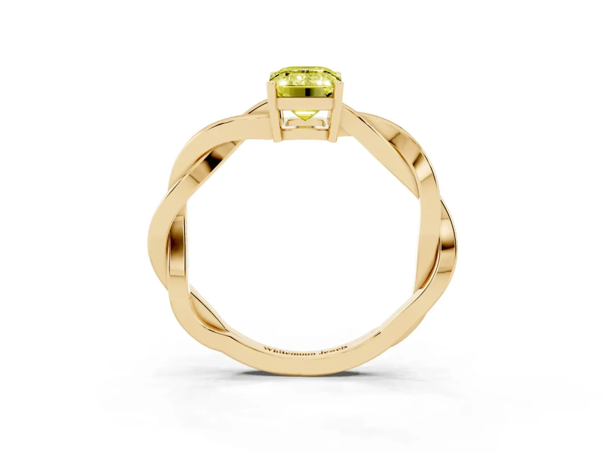 Fancy Yellow Emerald Cut Solitaire Twisted Pave Diamond Ring with Four-Prong Setting Yellow gold