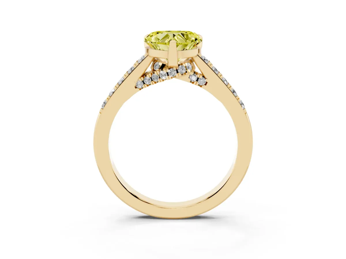 Fancy Yellow Heart Cut Diamond Solitaire Ring with Crossover Gallery and Round Pavé Band Yellow gold