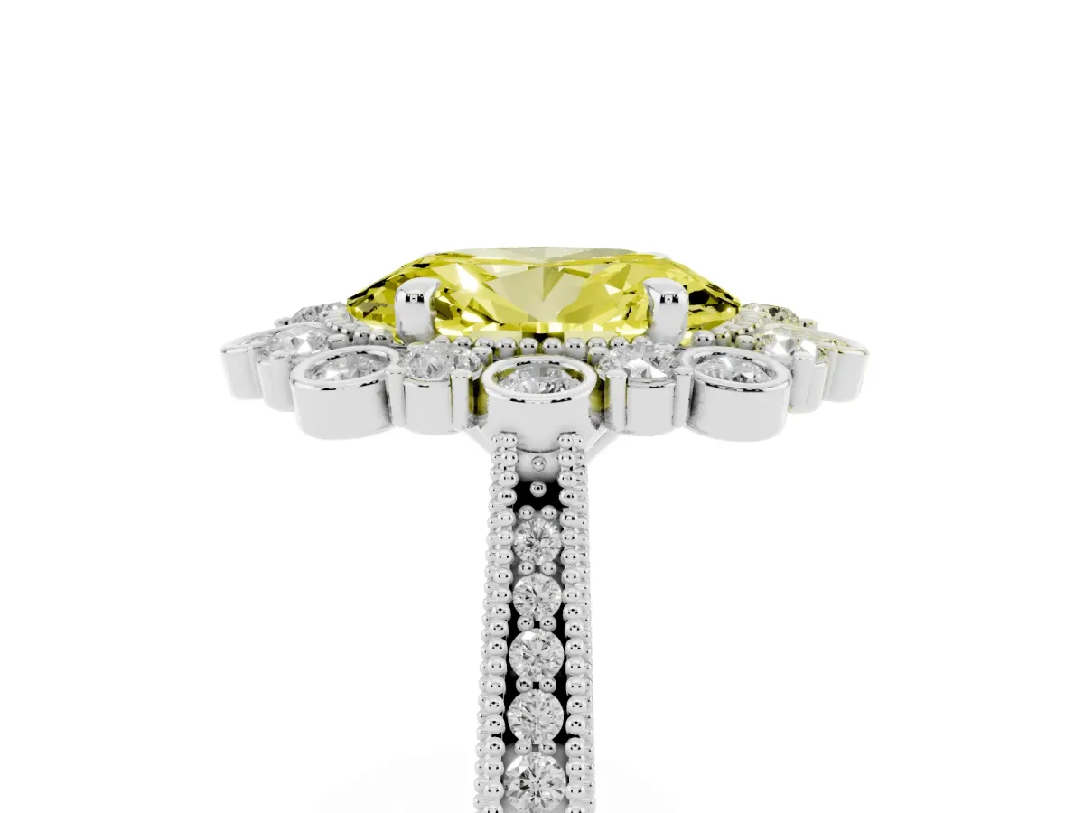 Fancy Yellow Oval Cut Halo Milgrain Pave Diamond Ring with Four-Prong Setting Silver