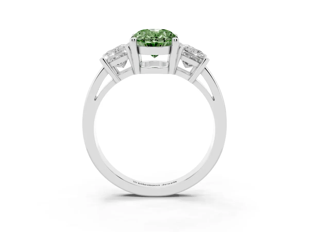 Fancy Green Three-Stone Oval Cut Cut Solitaire Ring with Prong Setting Platinum