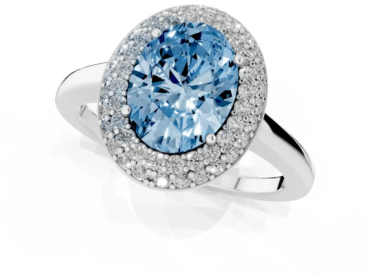 Fancy Blue Oval Cut Halo Diamond Engagement Ring with Solitaire Band and Four-Prong Setting Silver