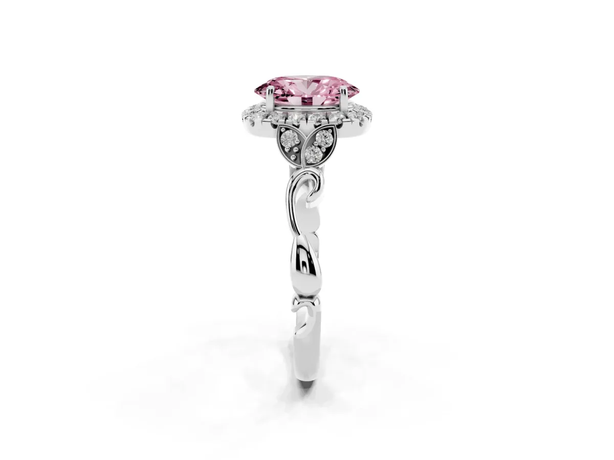 Fancy Pink Oval Cut Halo Diamond Engagement Ring with Vintage-Inspired Band and Four-Prong Setting White gold