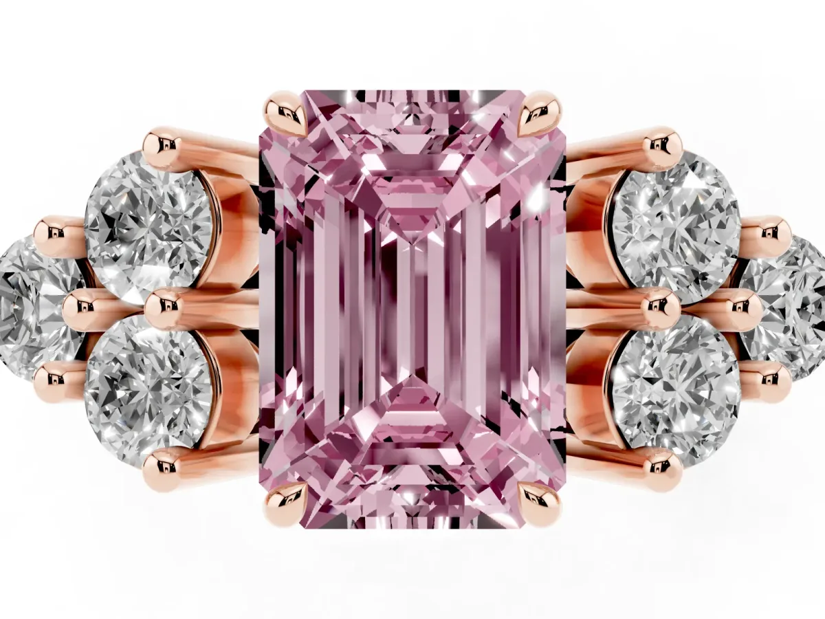 Fancy Pink Emerald Cut Brilliant Diamond Cluster Accent Solitaire Ring with Prong Setting Rose gold