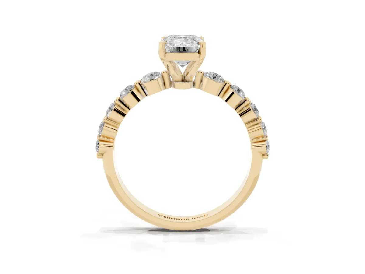 Emerald Cut Solitaire Diamond Ring with Pave Band and Four-Prong Setting Yellow gold