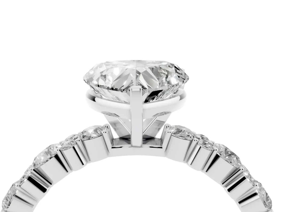 Heart Cut Diamond Side Stone Solitaire Ring with Round and Four-Prong Setting White gold