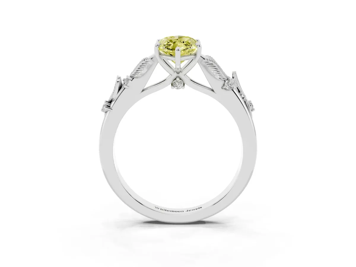 Fancy Yellow Marquise Cut Diamond Solitaire Ring with Leaf Motif Band and Four-Prong Setting Silver