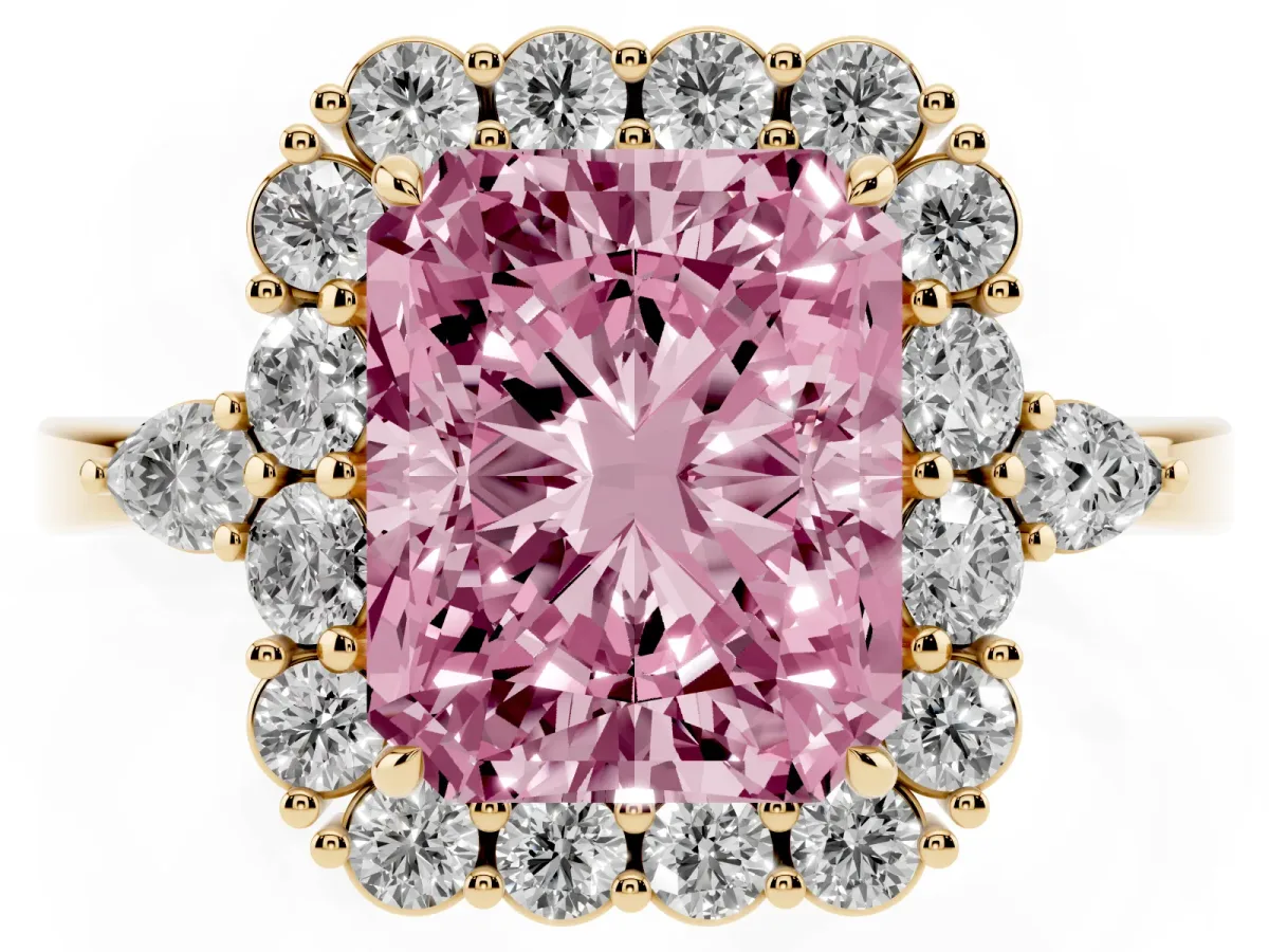 Fancy Pink Radiant Cut Diamond Halo Ring with Pear Side Stones and Prong Setting Yellow gold