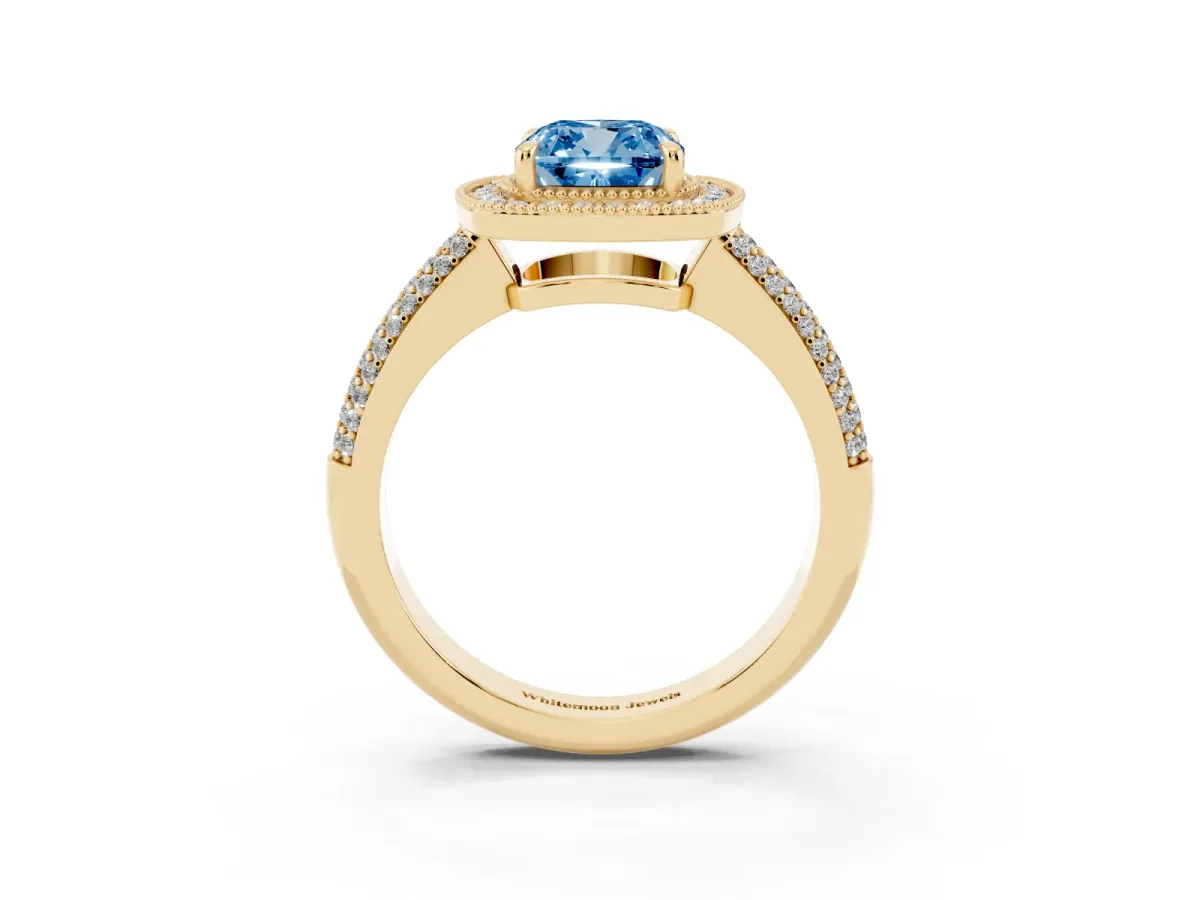 Fancy Blue Cushion Cut Cut Halo Diamond Pave Band with Four-Prong Setting Yellow gold