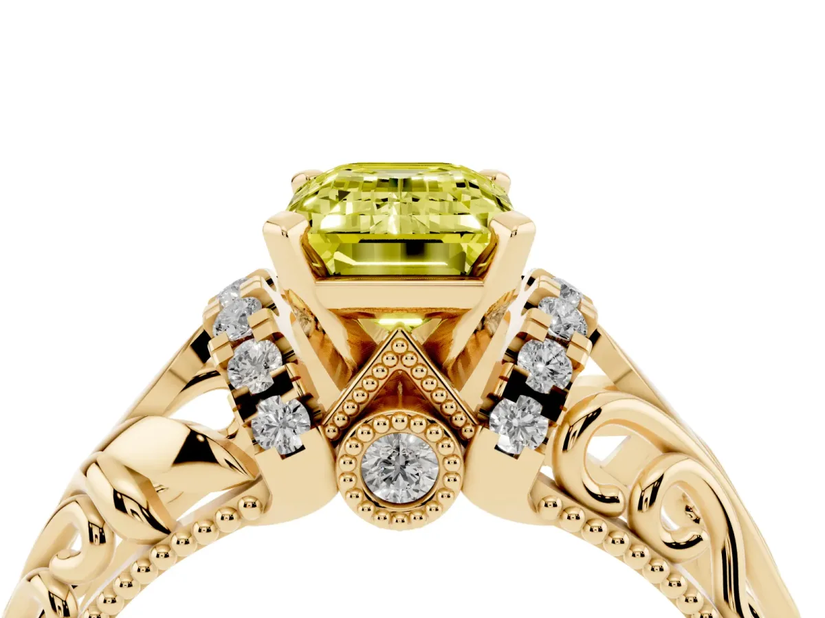 Fancy Yellow Emerald Cut Solitaire Filigree Engagement Ring with Halo and Prong Setting Yellow gold