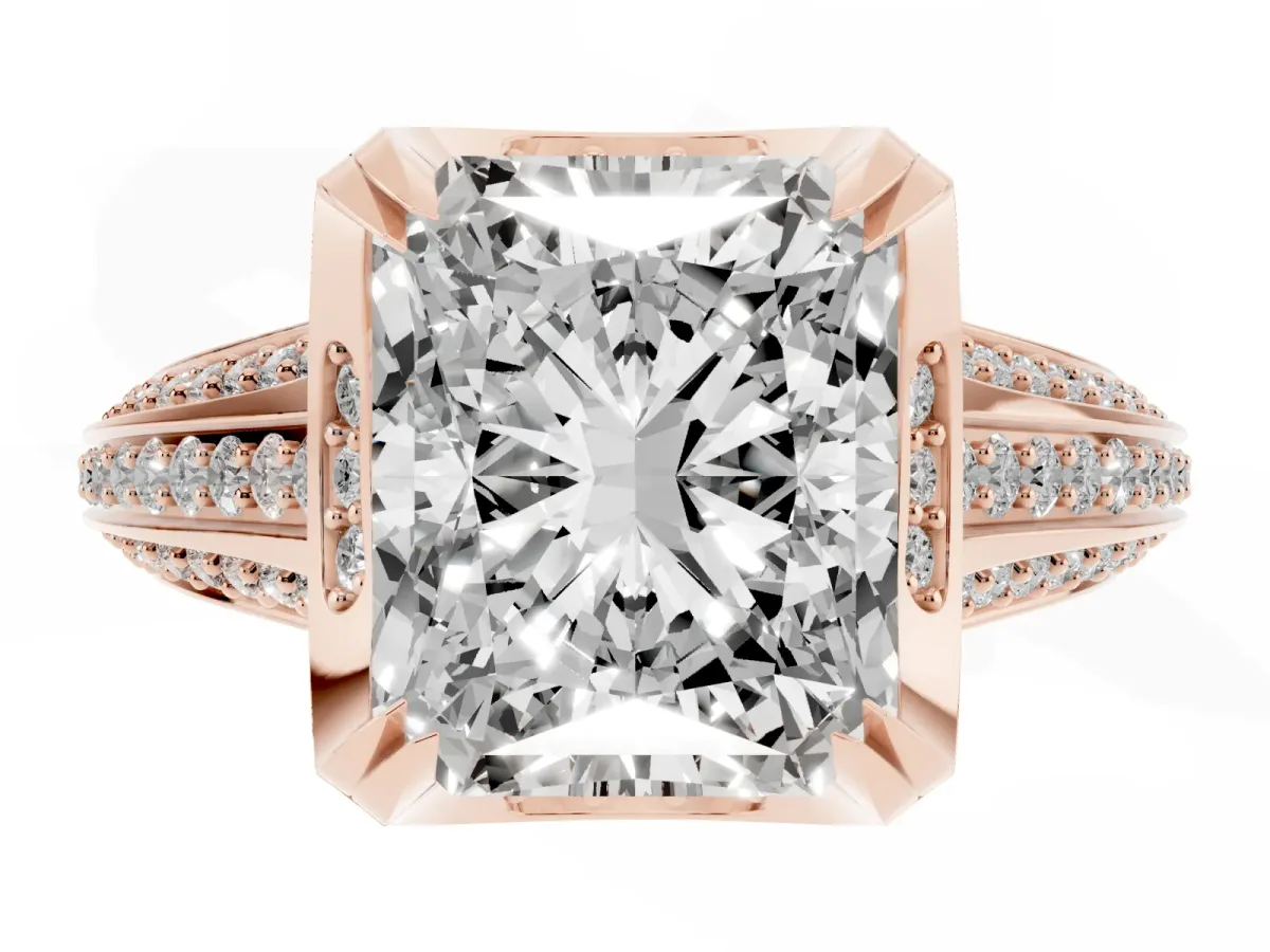 Radiant Cut Solitaire Pave Split Shank Ring with Four-Prong Setting Rose gold