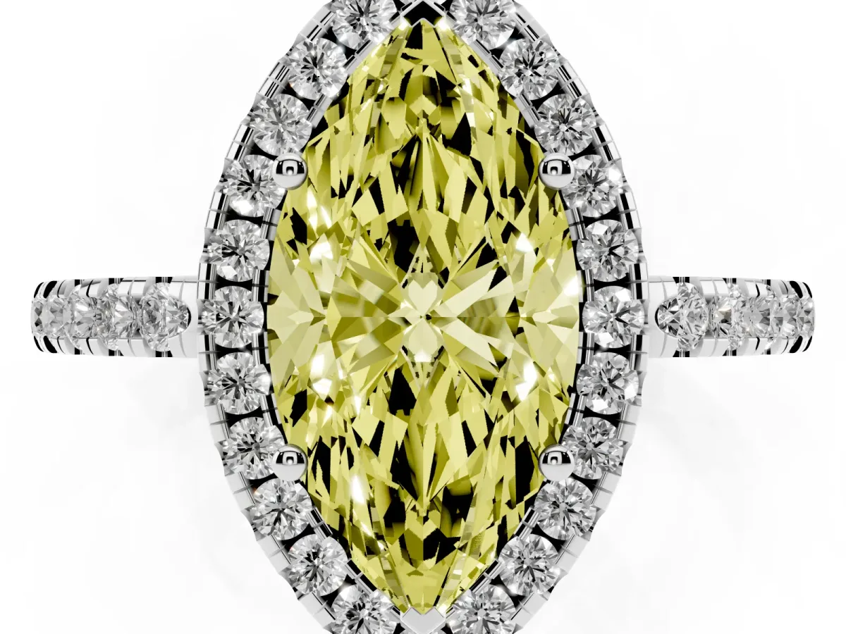 Fancy Yellow Marquise Cut Halo Diamond Engagement Ring with Pavé Band and Four-Prong Setting Silver