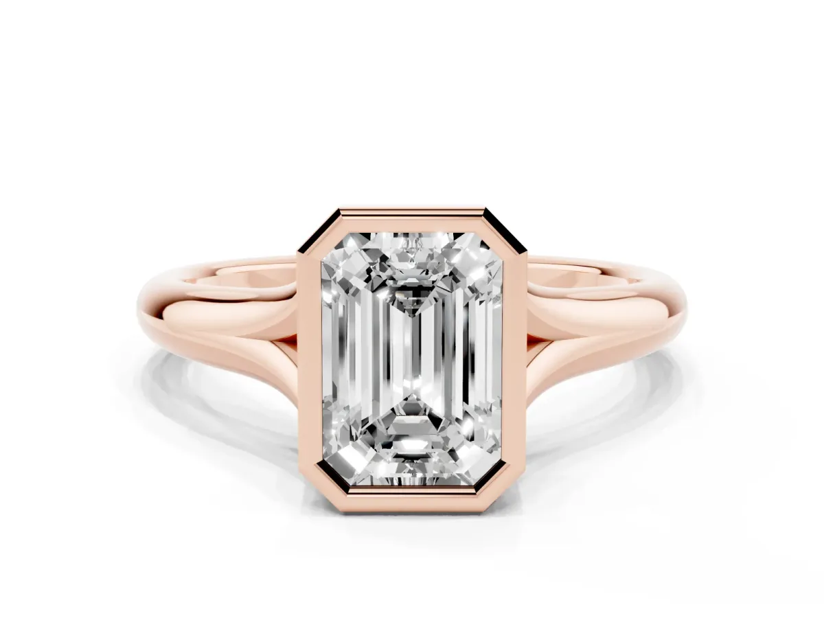 Bezel Set Emerald Cut Solitaire Diamond Ring with Smooth Band Rose gold