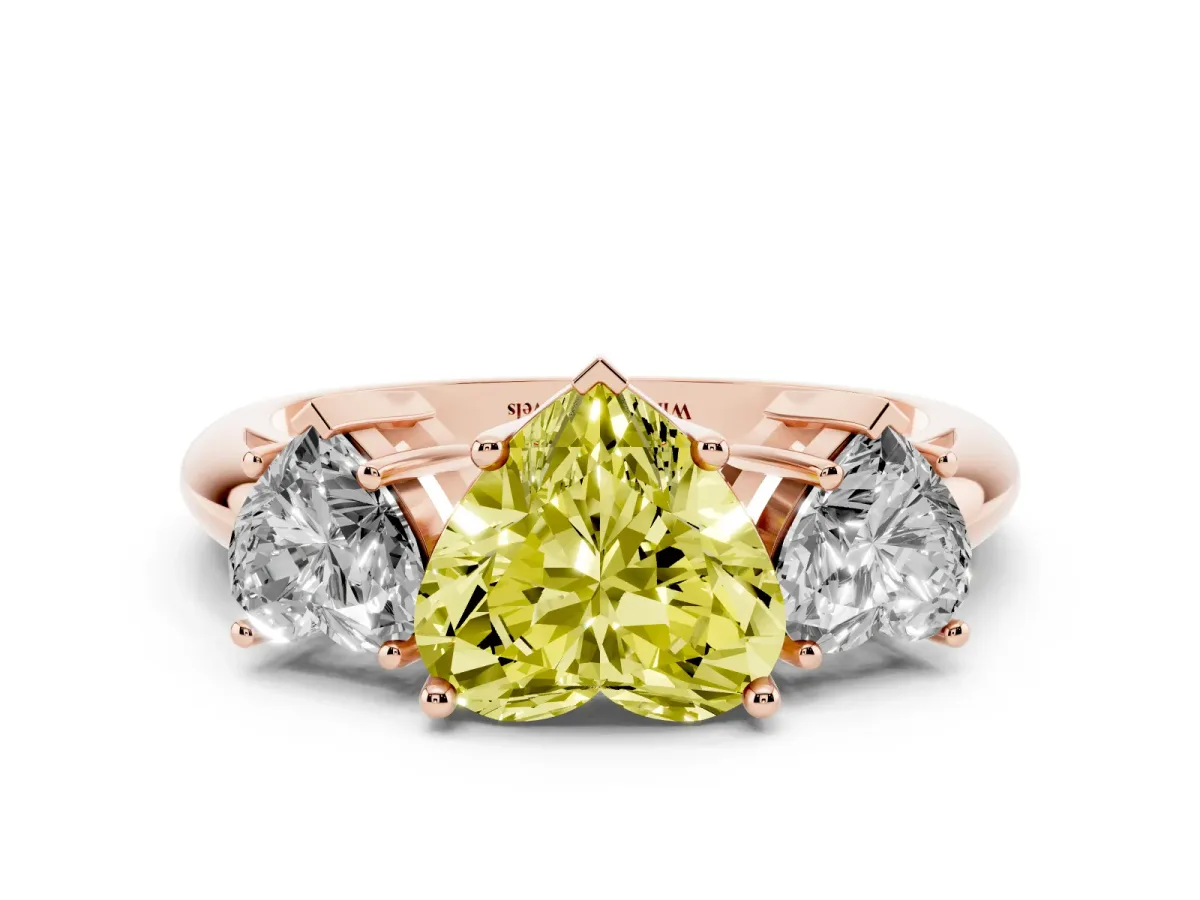 Fancy Yellow Three-Stone Heart Cut Cut Diamond Engagement Ring with Prong Setting on a White Gold Band Rose gold