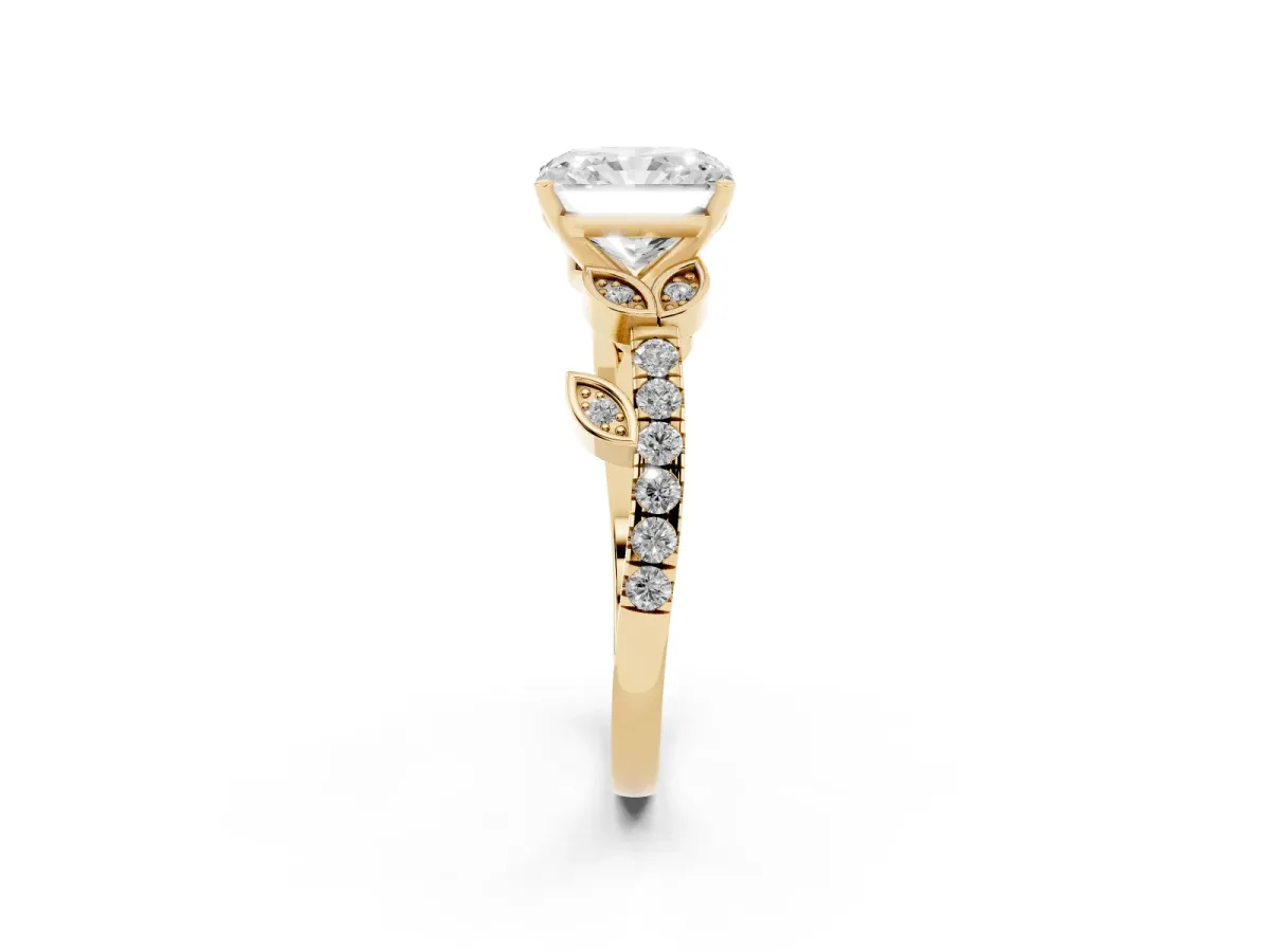 Radiant Cut Solitaire Leaf-Inspired Diamond Ring with Pavé Band and Four-Prong Setting Yellow gold
