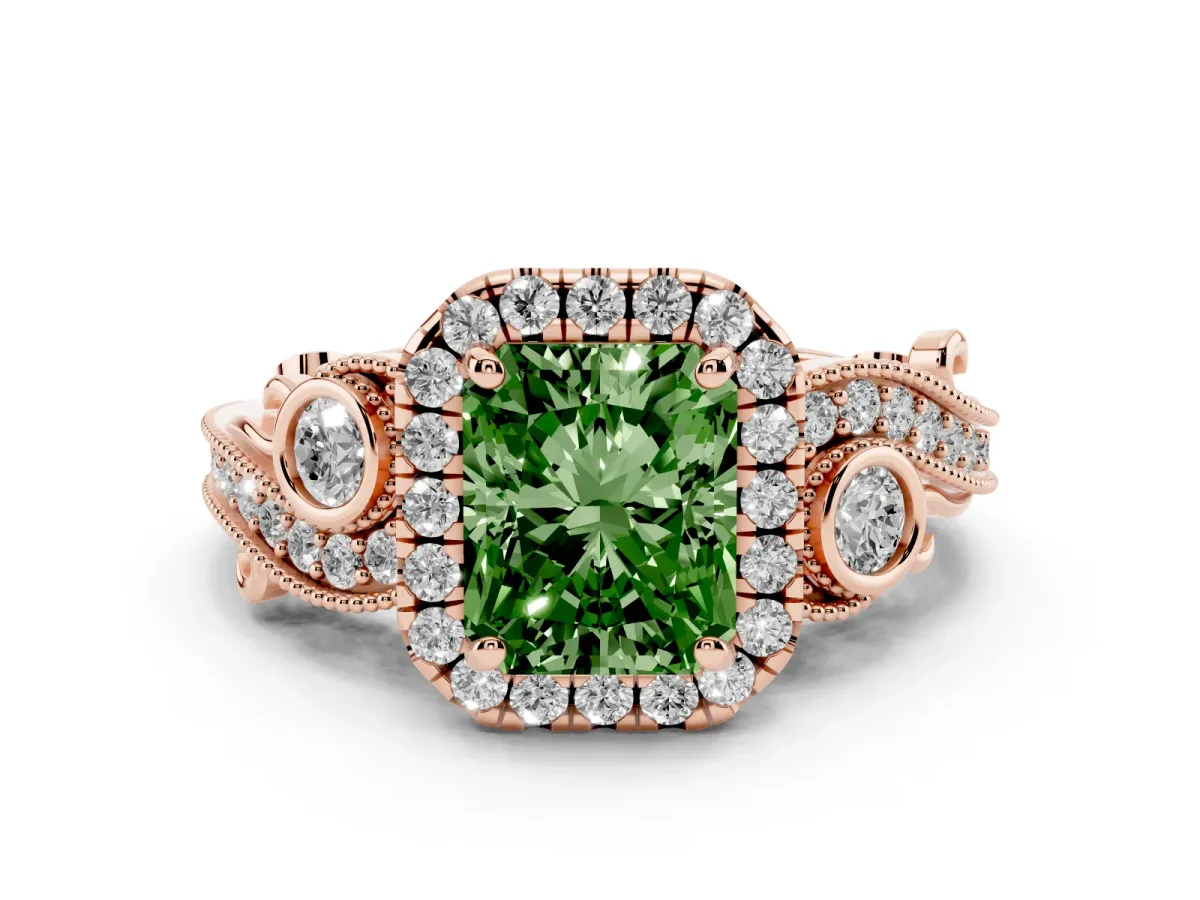 Fancy Green Radiant Cut Diamond Halo Ring with Milgrain Pavé Band and Four-Prong Setting Rose gold