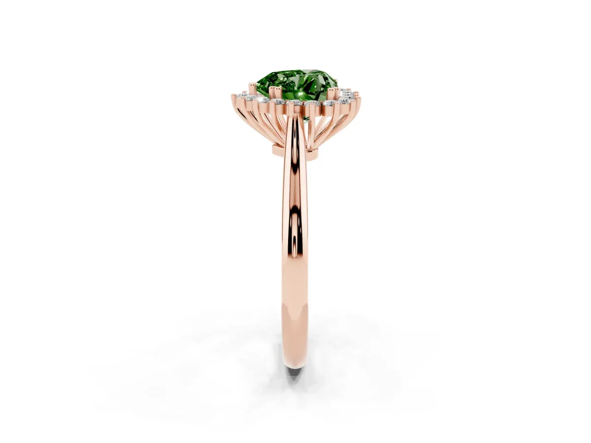 Fancy Green Heart Cut Cut Diamond Halo Ring with Solitaire Band and Prong Setting Rose gold