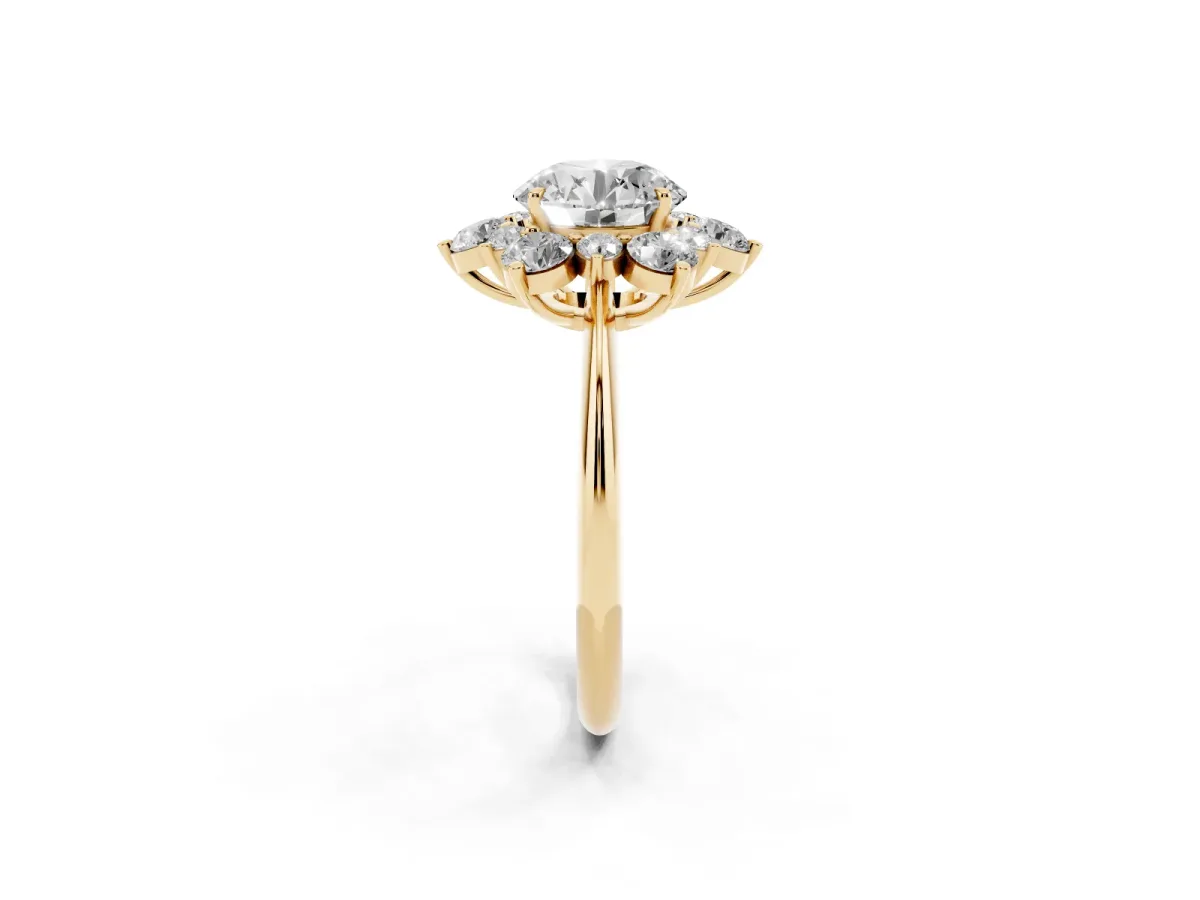 Round Cut Diamond Cluster Halo Ring with Solitaire Band and Four-Prong Setting Yellow gold