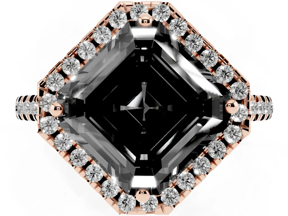 Fancy Black Asscher Cut Diamond Cushion Halo Ring with Pavé Band Rose gold