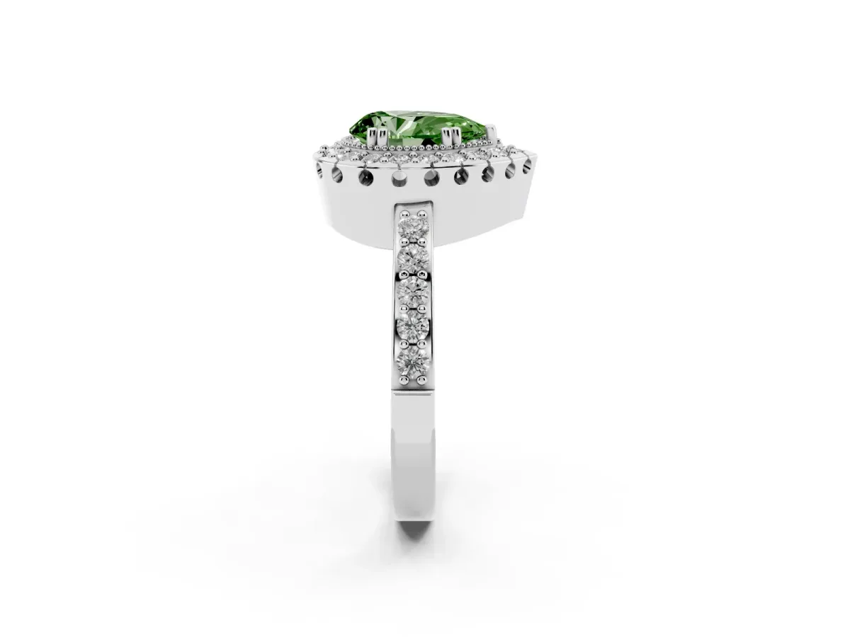 Fancy Green Pear Cut Diamond Halo Ring with Pavé Band and Prong Setting Silver