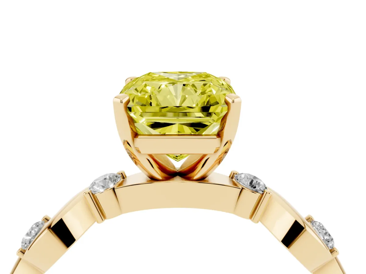 Fancy Yellow Radiant Cut Diamond Solitaire Twisted Band with Round Accents and Prong Setting Yellow gold