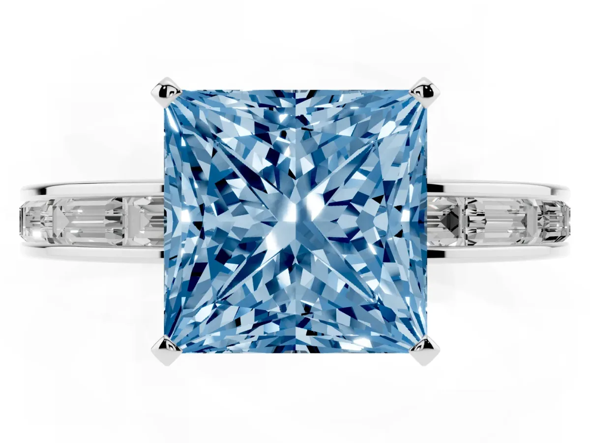 Fancy Blue Princess Cut Solitaire Diamond Ring with Channel-Set Baguette Band and Four-Prong Setting Platinum