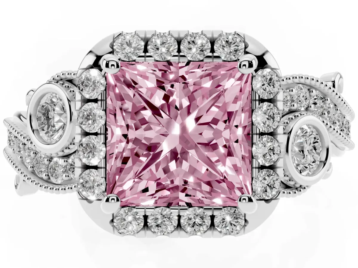 Fancy Pink Princess Cut Diamond Halo Ring with Milgrain Pavé Band and Four-Prong Setting Silver