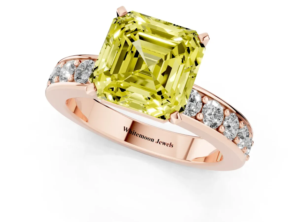 Fancy Yellow Asscher Cut Diamond Engagement Ring with Channel Set Round Band and Prong Setting Rose gold