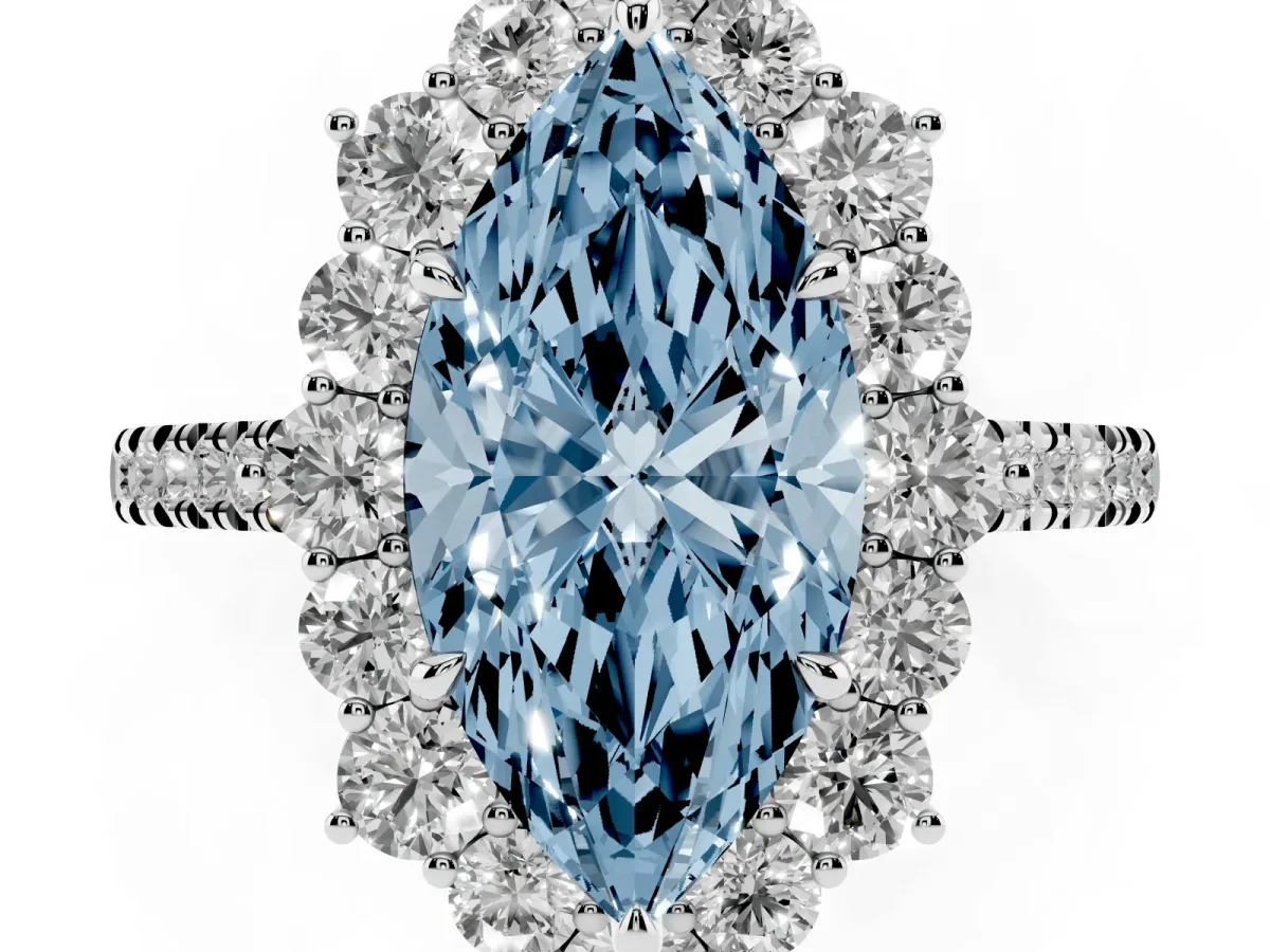 Fancy Blue Marquise Cut Halo Diamond Ring with Pavé Band and Prong Setting Platinum