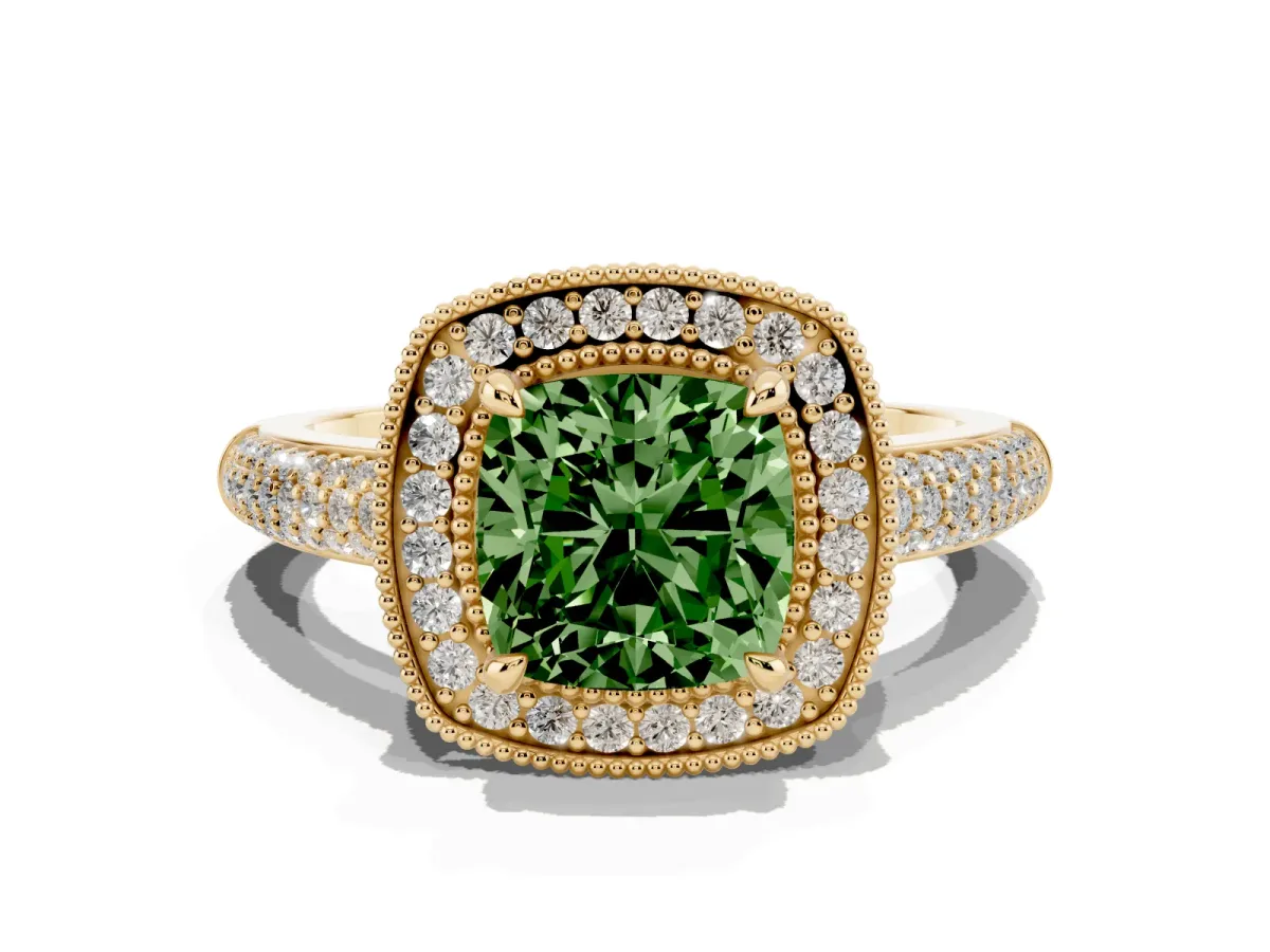 Fancy Green Cushion Cut Cut Halo Diamond Pave Band with Four-Prong Setting Yellow gold