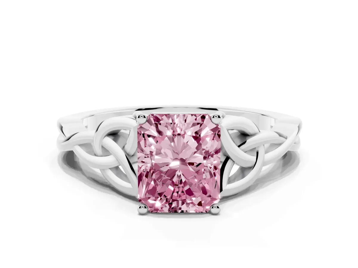 Fancy Pink Radiant Cut Diamond Solitaire Engagement Ring with Celtic Knot Band and Four-Prong Setting Silver