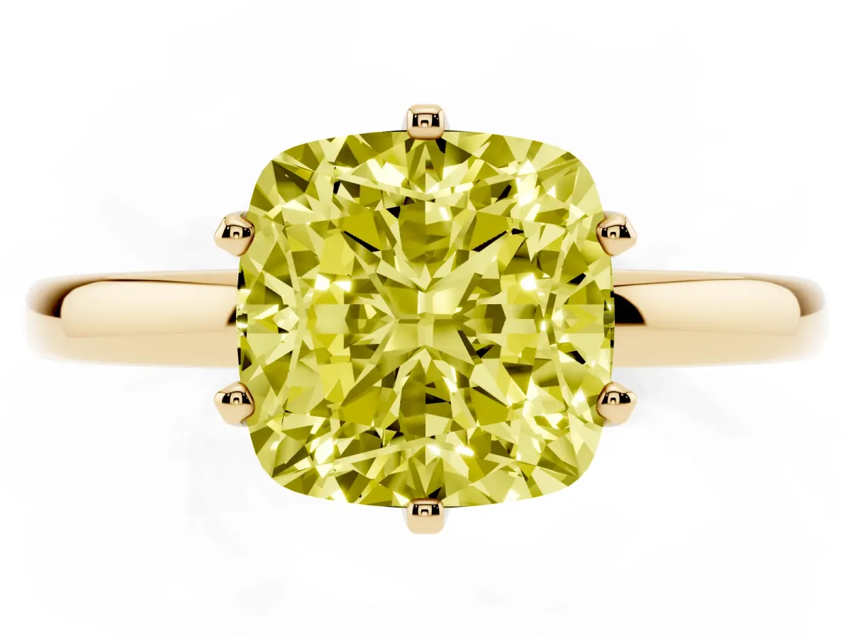 Fancy Yellow Cushion Cut Solitaire Diamond Ring with Six-Prong Setting on a Classic Band Yellow gold