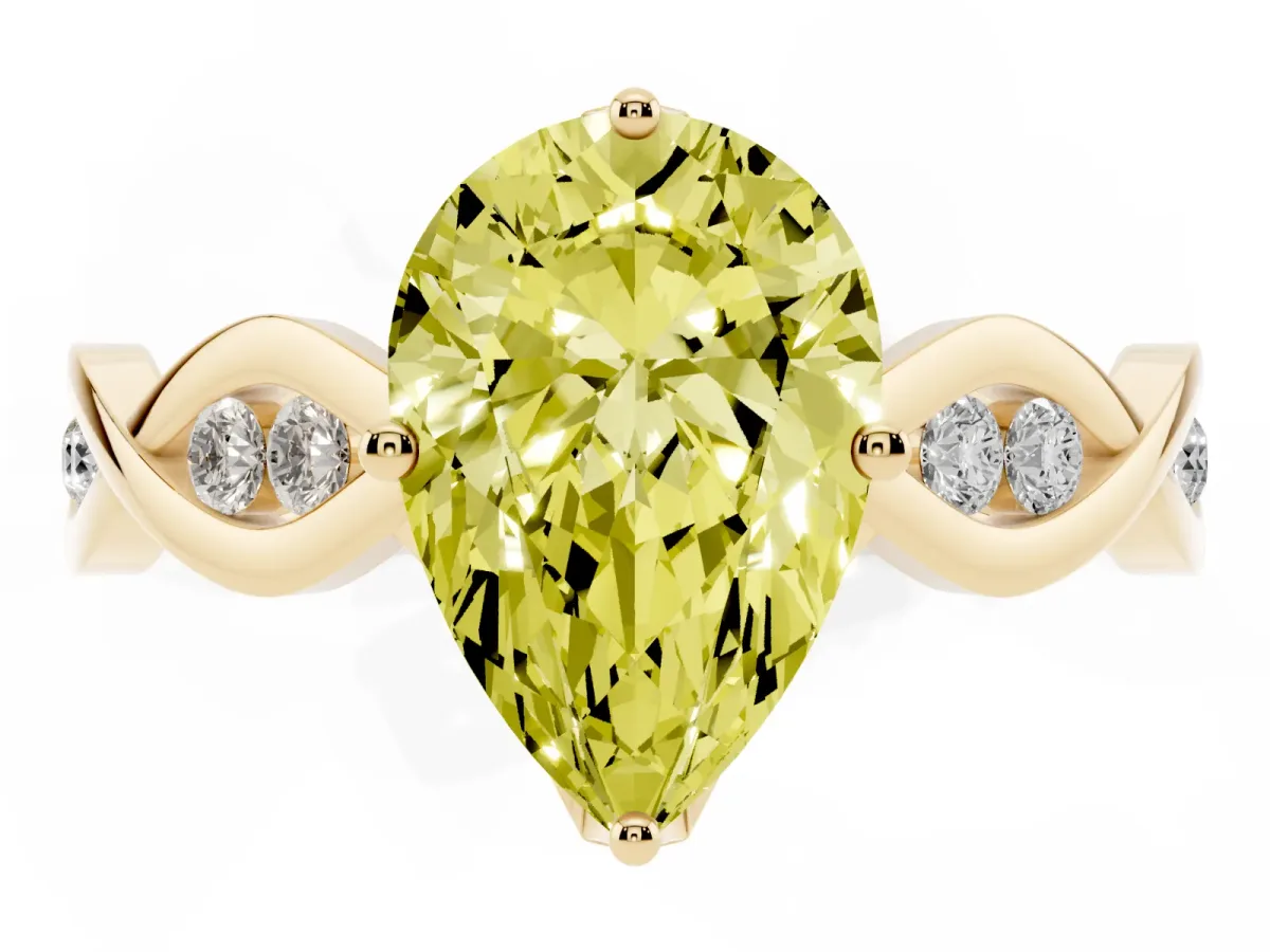 Fancy Yellow Pear Cut Solitaire Twist Band with Leaf Prong Setting Yellow gold