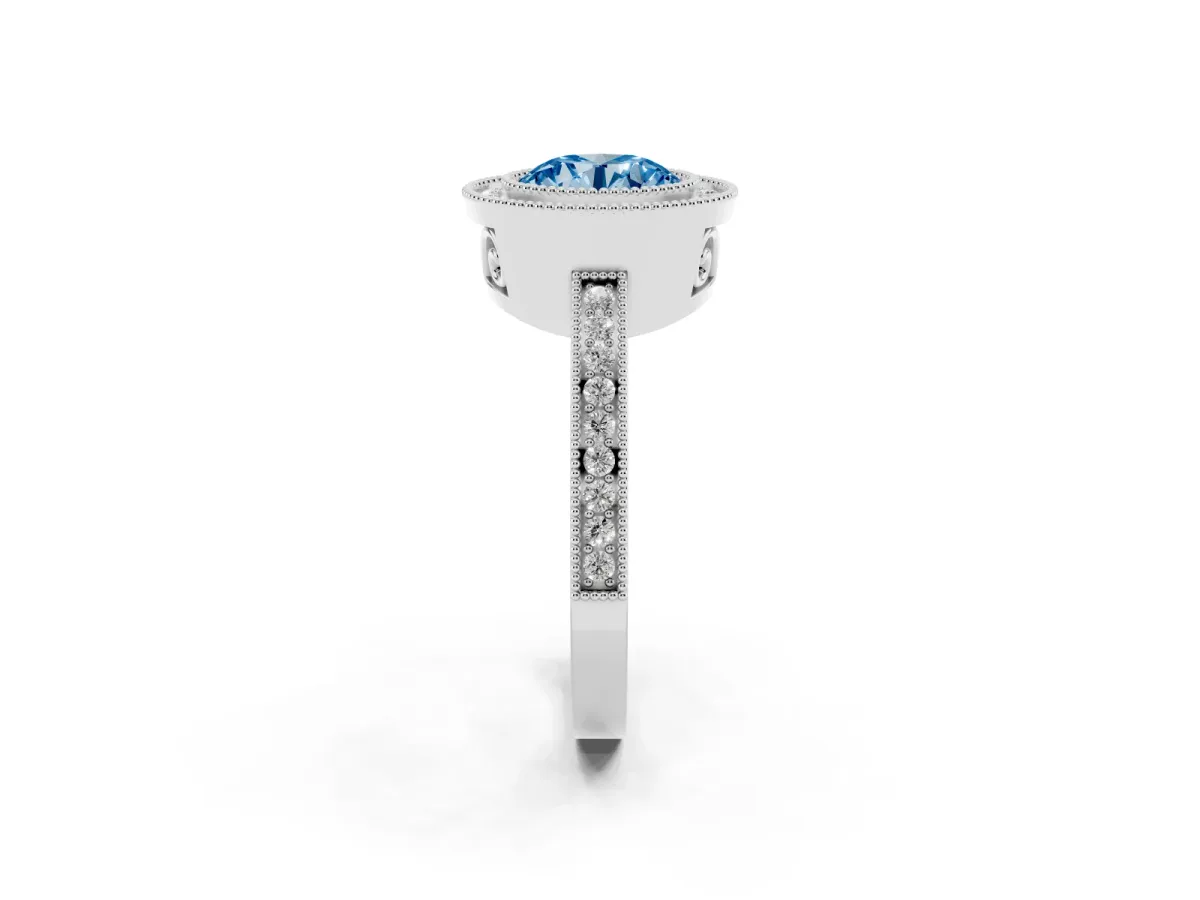 Fancy Blue Round Cut Cut Halo Diamond Ring with Pavé Band and Milgrain Prong Setting White gold