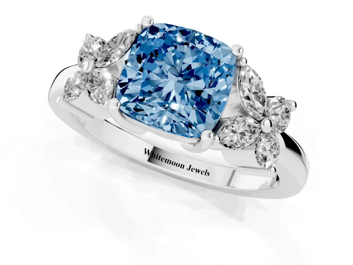 Fancy Blue Cushion Cut Diamond Floral Cluster Ring with Solitaire Band and Prong Setting Silver