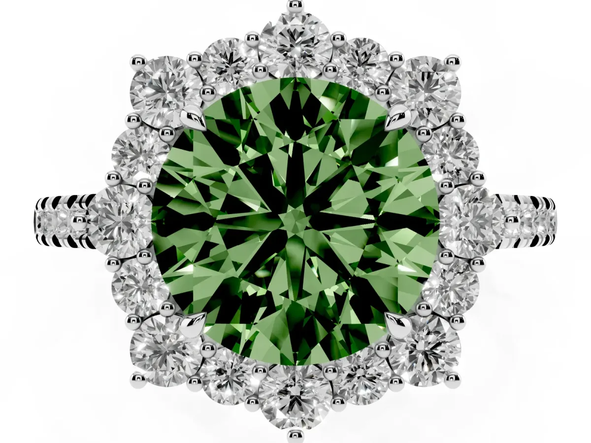 Fancy Green Round Cut Halo Diamond Ring with Pavé Band and Prong Setting Silver