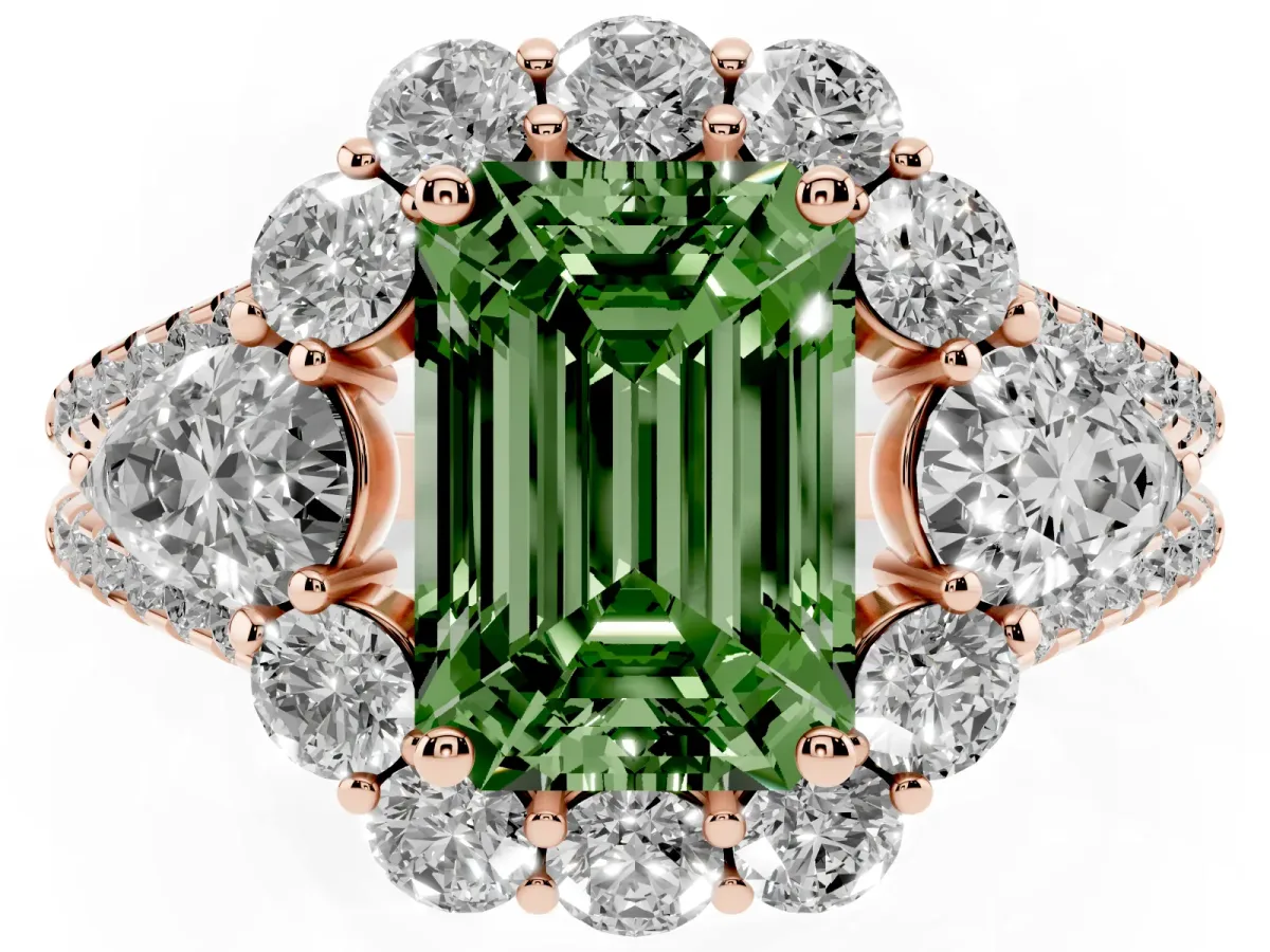 Fancy Green Emerald Cut Halo Split Shank Diamond Engagement Ring with Prong Setting Rose gold