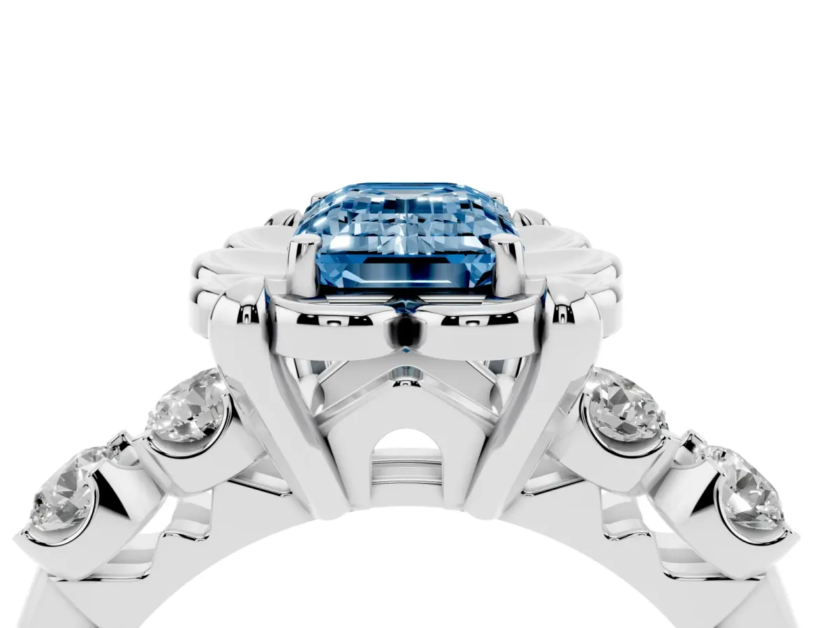 Fancy Blue Emerald Cut Cut Diamond Floral Halo Engagement Ring with Shared Prong Setting Silver