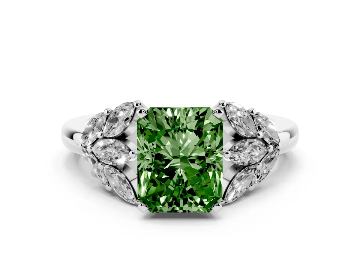 Fancy Green Radiant Cut Diamond Cluster Leaf Design Ring with Prong Setting White gold
