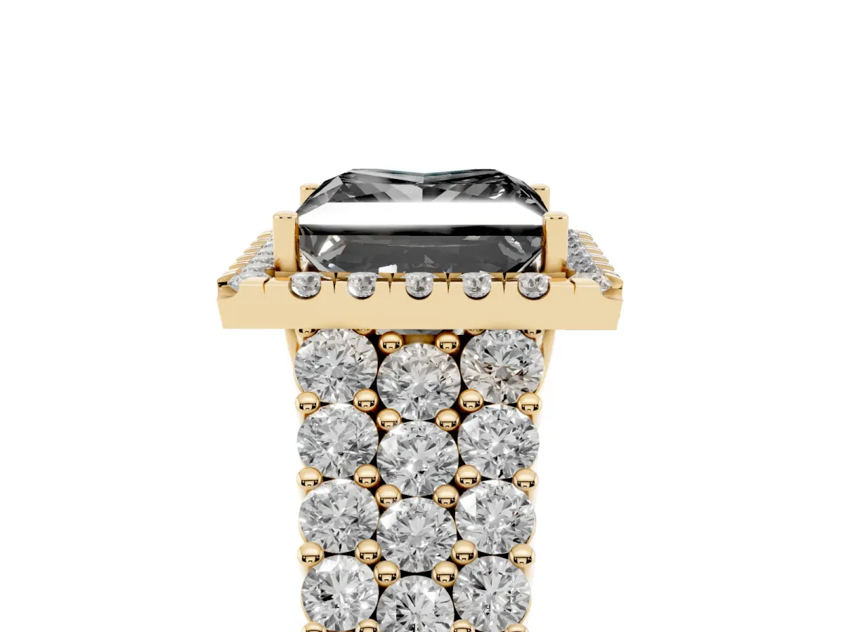 Fancy Black Princess Cut Diamond Halo Engagement Ring with Triple Row Round Pavé Band and Prong Setting Yellow gold