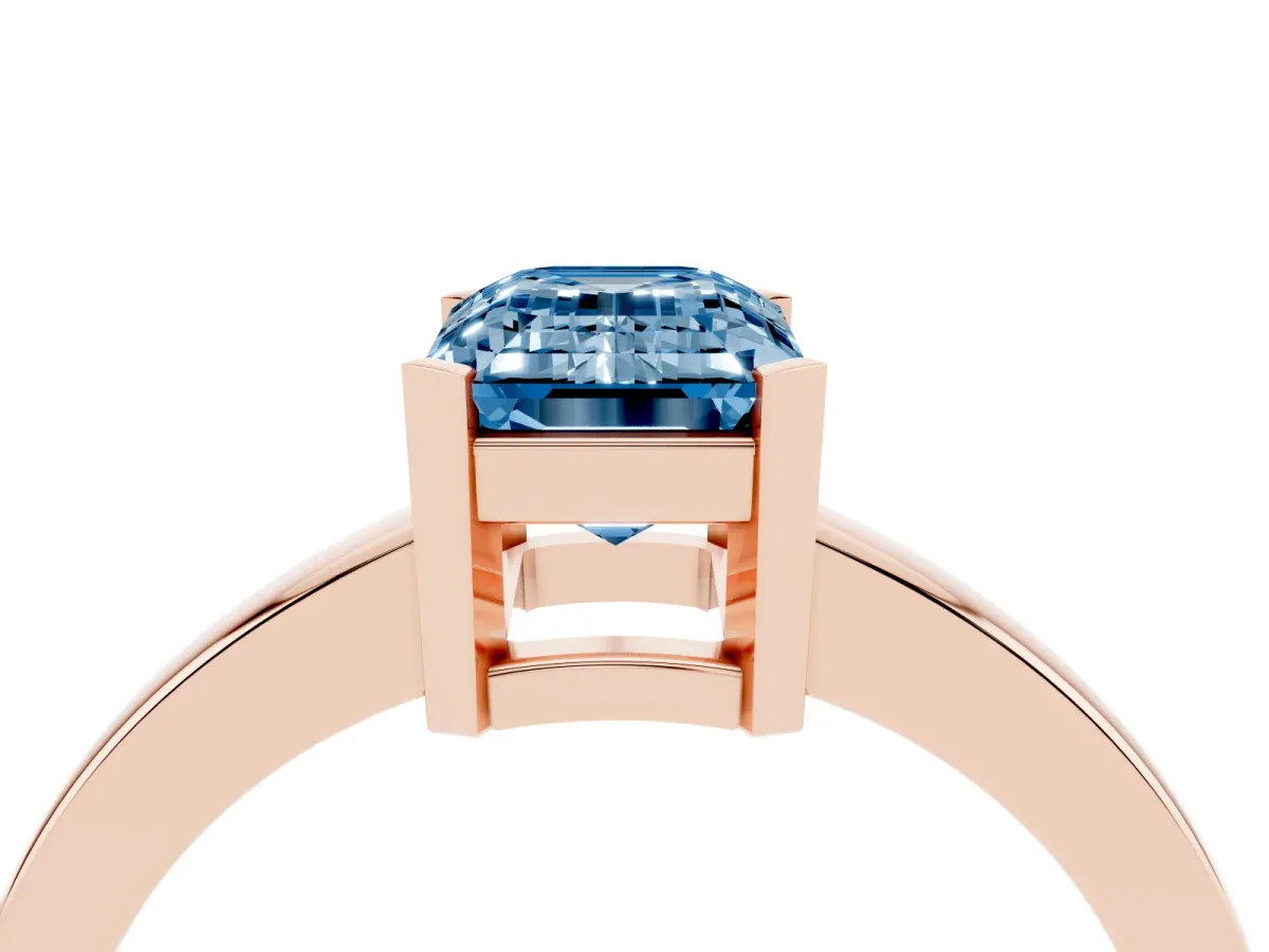 Fancy Blue Emerald Cut Cut Solitaire Ring with Four-Prong Setting and Classic Band Rose gold