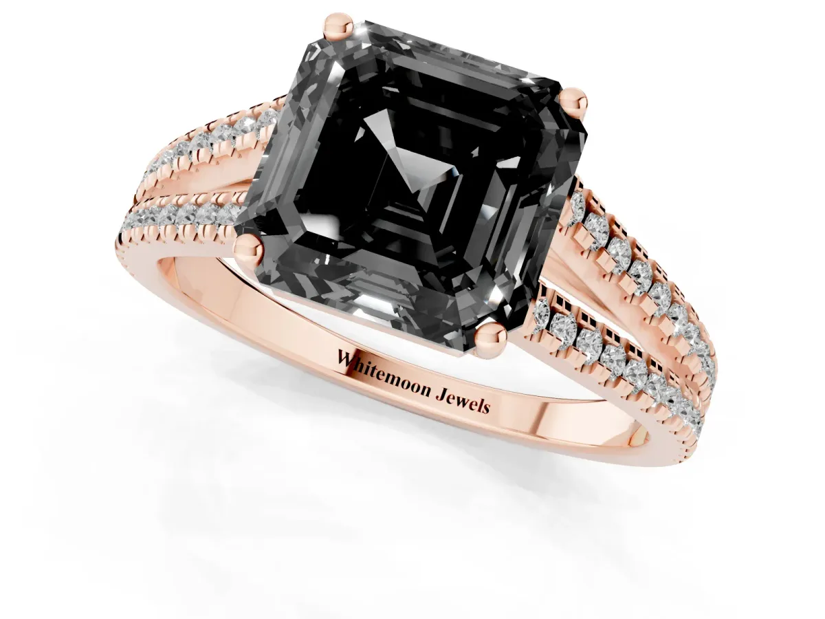 Fancy Black Asscher Cut Diamond Solitaire Engagement Ring with Split Shank Pavé Band Rose gold