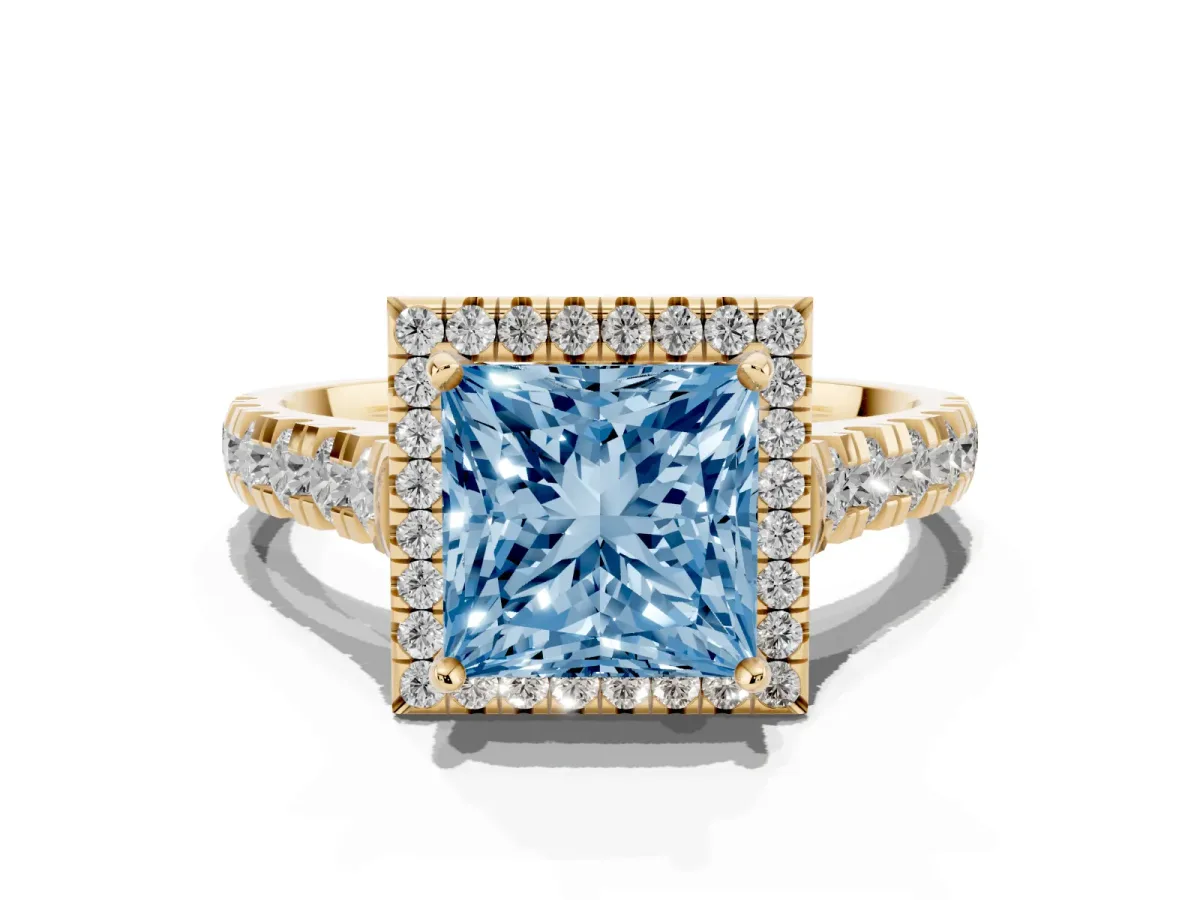 Fancy Blue Princess Cut Halo Pavé Diamond Engagement Ring with Four-Prong Setting Yellow gold