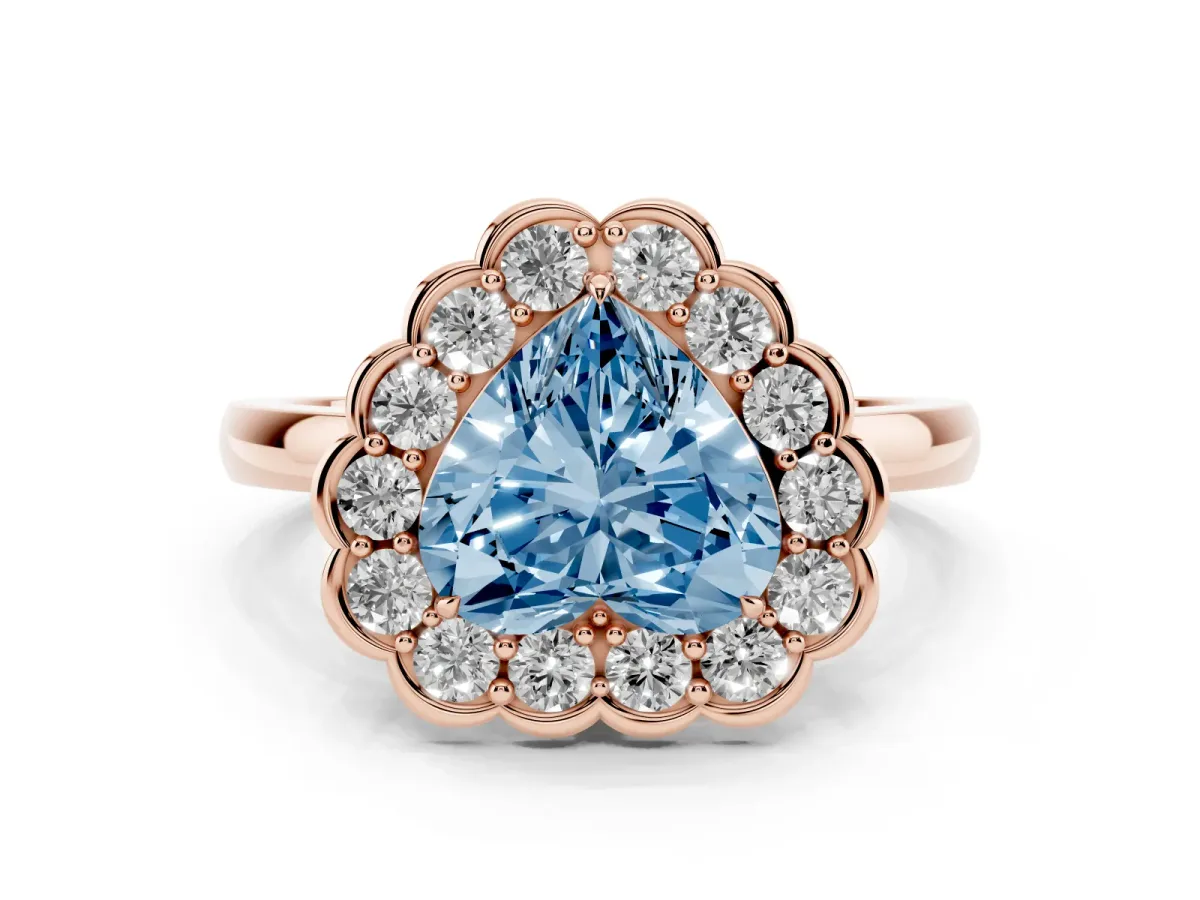 Fancy Blue Heart Cut Halo Cluster Diamond Engagement Ring with Solitaire Band and Prong Setting Rose gold