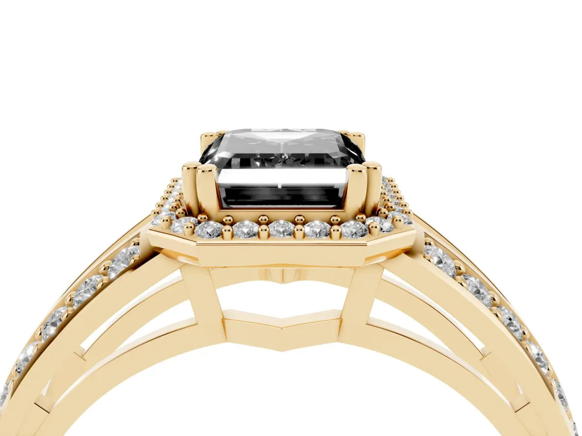 Fancy Black Emerald Cut Diamond Halo Ring with Split Shank Pavé Band and Four-Prong Setting Yellow gold