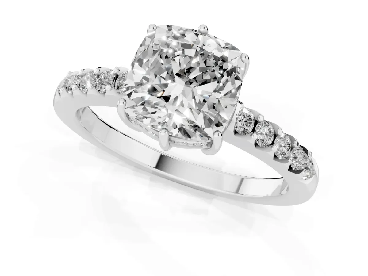 Cushion Cut Solitaire Diamond Engagement Ring with Pavé Band and Six-Prong Setting Silver