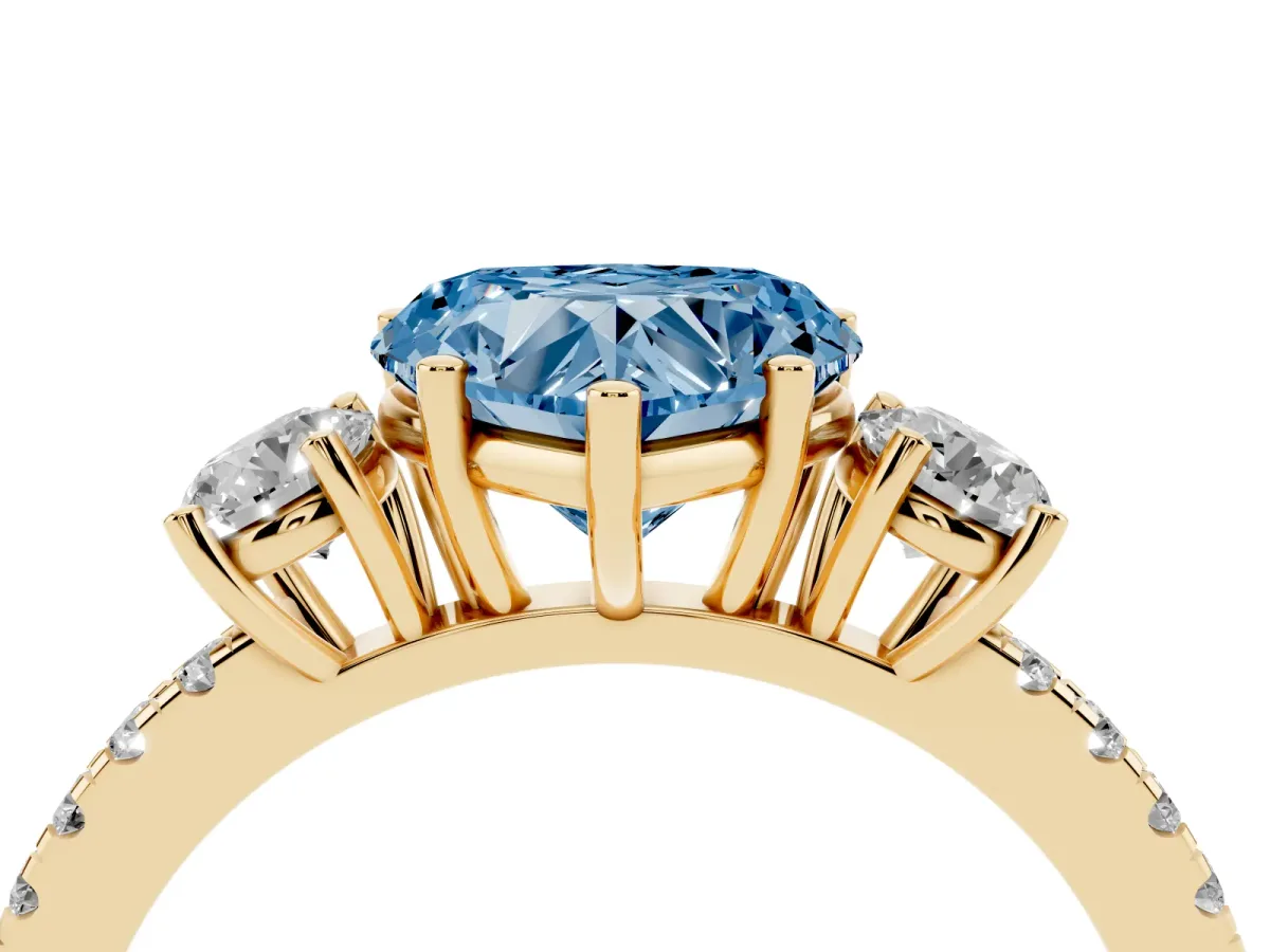 Fancy Blue Three-Stone Heart Cut Cut Diamond Pavé Band with Prong Setting Yellow gold