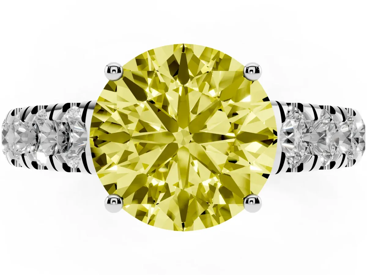 Fancy Yellow Round Cut Cut Diamond Solitaire Ring with Micro Pave Band and Prong Setting Platinum