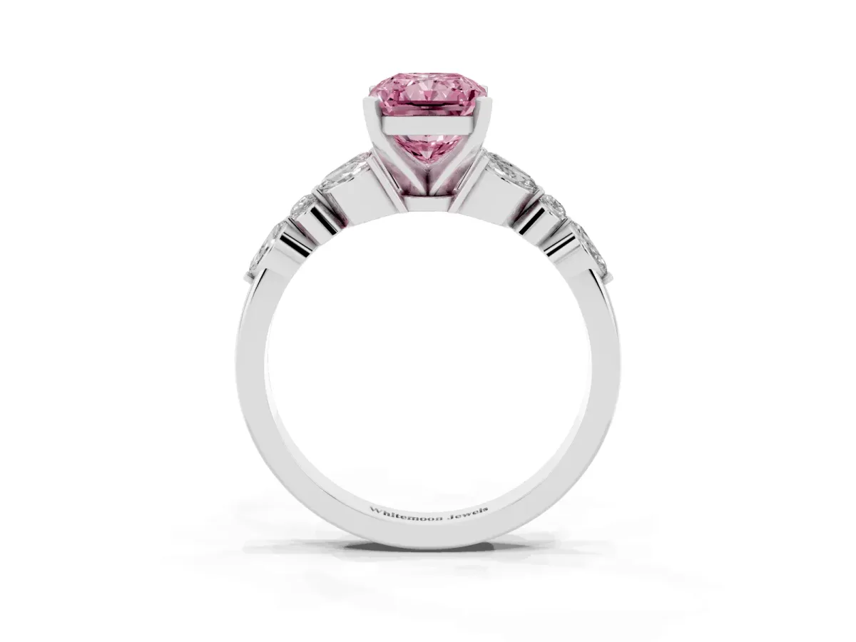 Fancy Pink Radiant Cut Diamond Solitaire Ring with Side Stones and Four-Prong Setting Silver