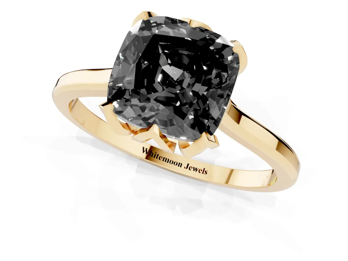 Fancy Black Cushion Cut Diamond Solitaire Ring with Flower Prong Setting and Classic Band Yellow gold